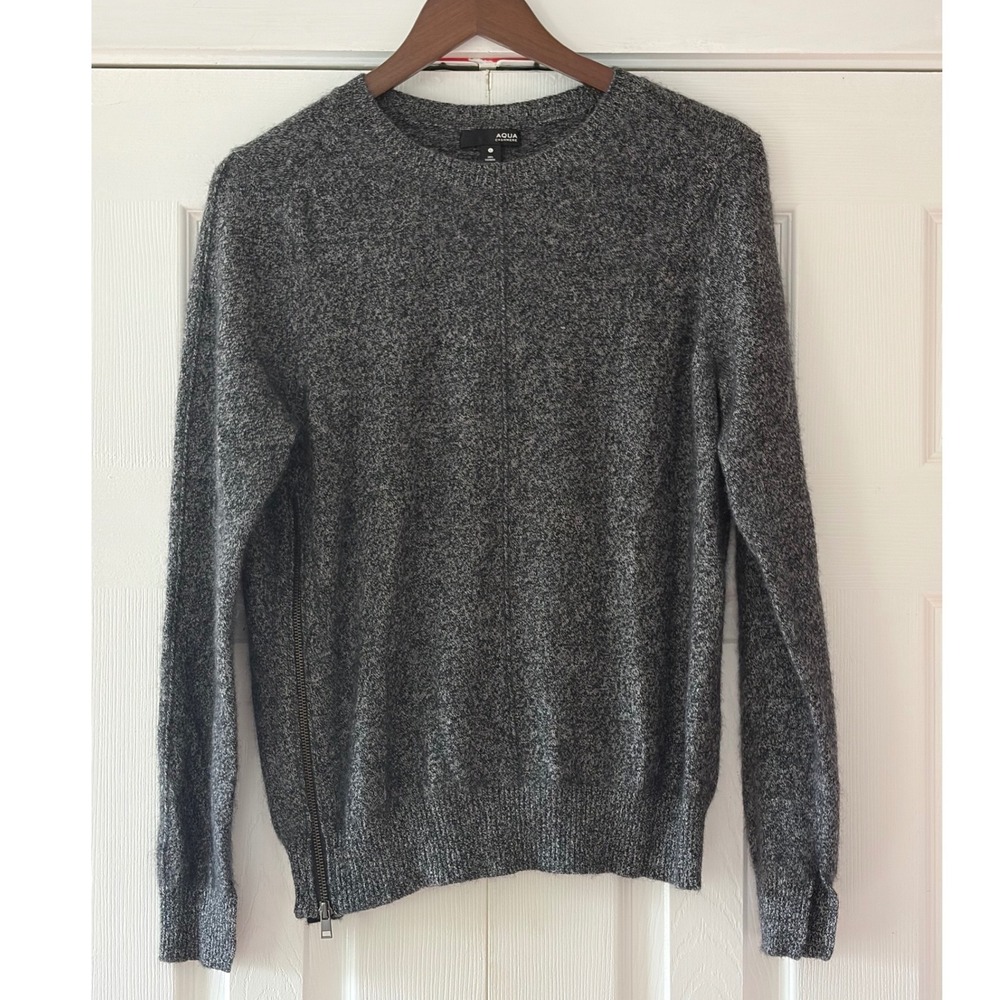 AQUA Cashmere Gray Marl Crewneck Side Zip Sweater Womens Large 100% Cashmere